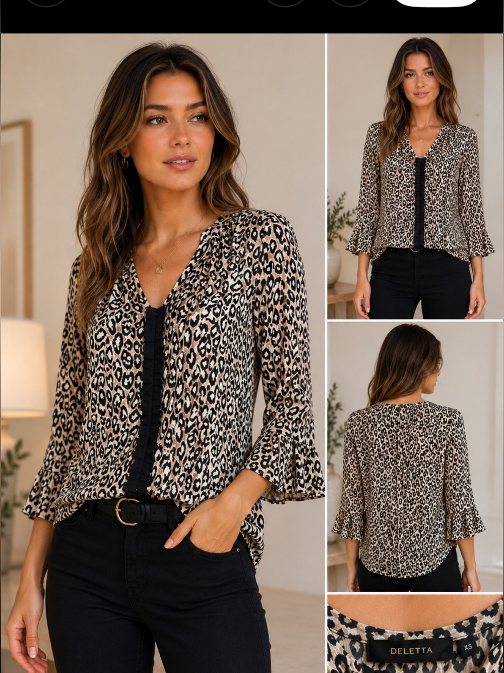 Reformation Silk Leopard Print Blouse Bell Sleeve Boho Animal Print
